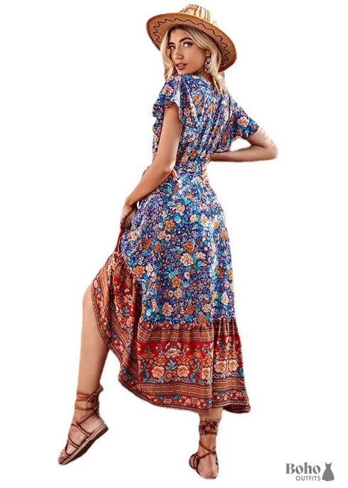 Boho Lace-Up Long V-Neck Print Dress